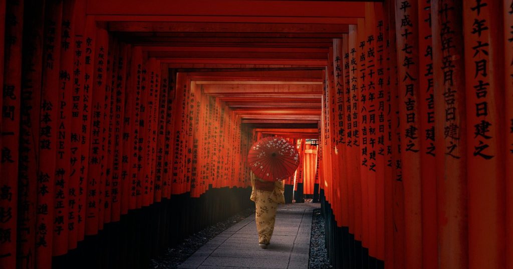 鳥居のトンネルを和傘をさして歩く女性｜観光通訳・日常会話のイメージ