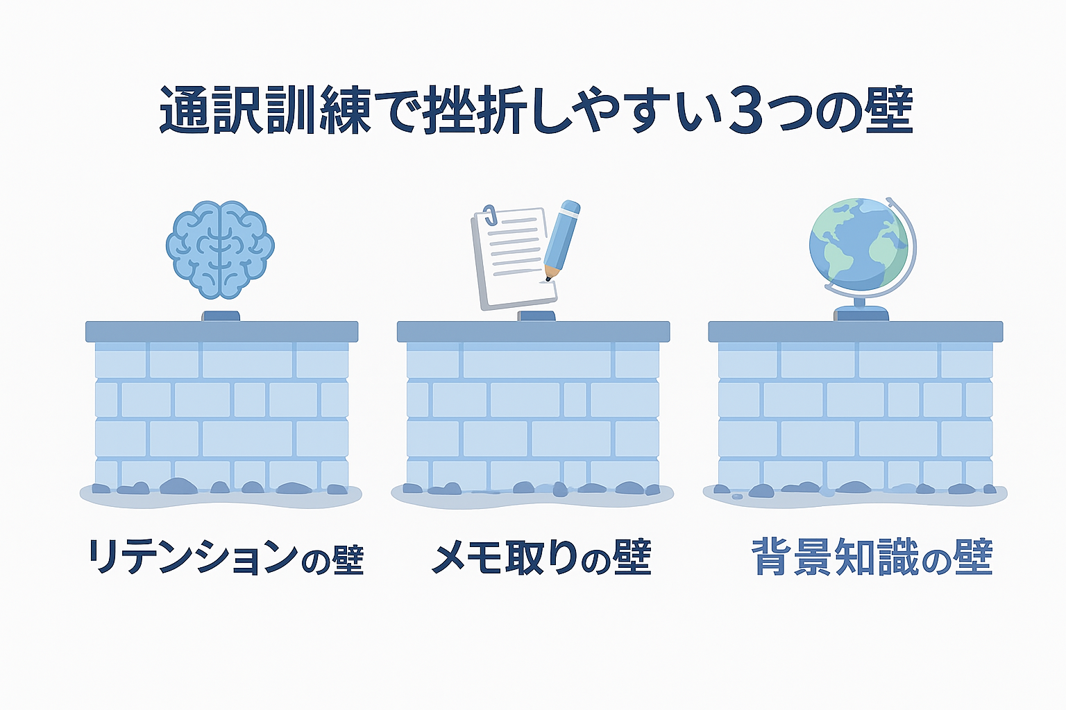 通訳学校で挫折しやすい3つの壁を示す図。リテンションの壁、メモ取りの壁、背景知識の不足